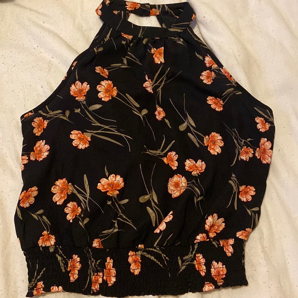Black floral polyester top